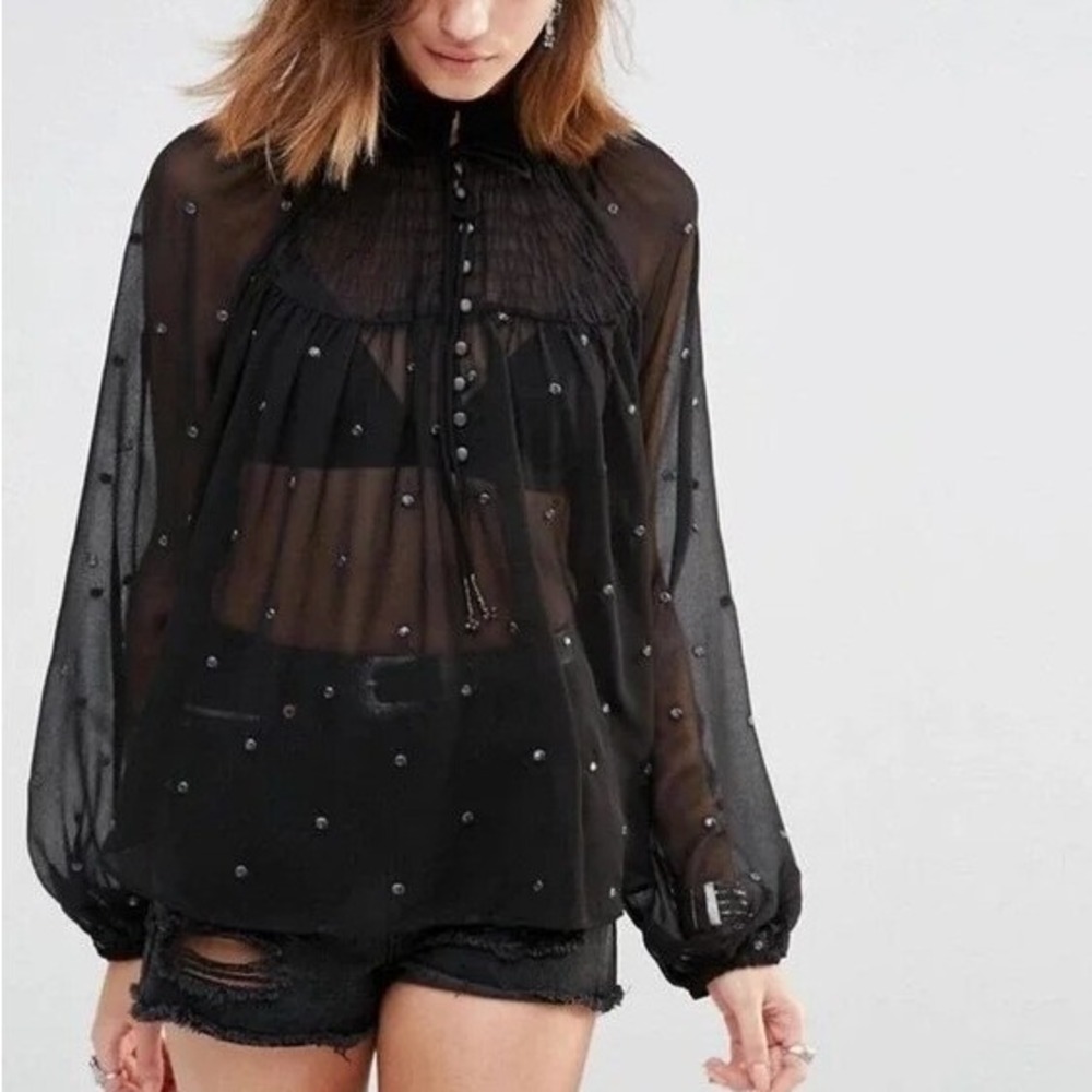 Free People Black Ready to Run Dot Georgette Top Blouse Sheer Chiffon Size Small